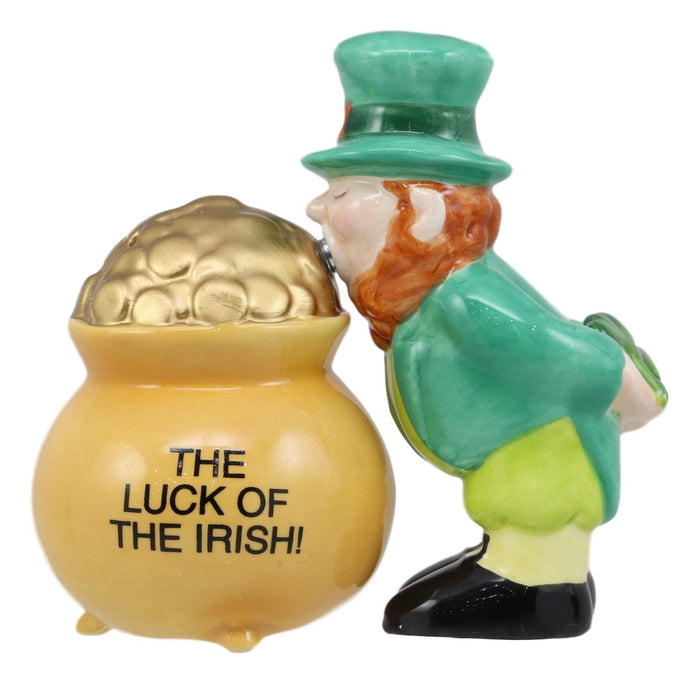 Ebros Gift Luck Of The Irish Leprechaun Kissing Pot Of Gold Ceramic Salt Pepper Shakers Set