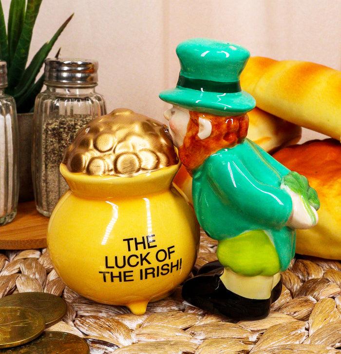 ebros gift Luck Of The Irish Leprechaun Kissing Pot Of Gold Ceramic Salt Pepper Shakers Set