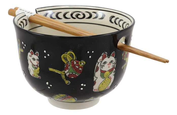 Ebros Gift Lucky Cat Japanese Maneki Neko Black Porcelain Ramen Bowl With Chopsticks Set