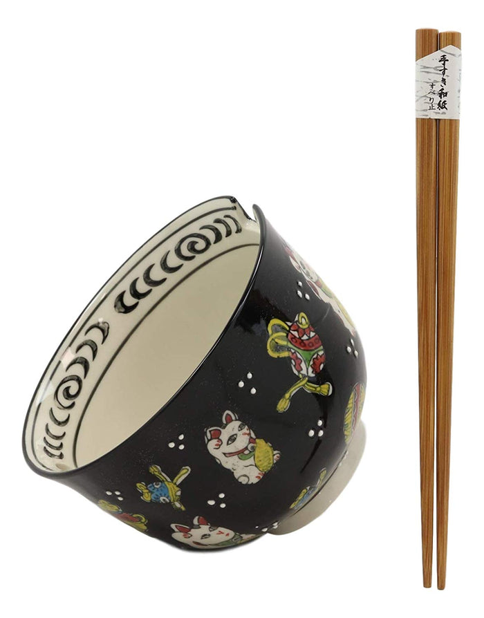 Ebros Gift Lucky Cat Japanese Maneki Neko Black Porcelain Ramen Bowl With Chopsticks Set
