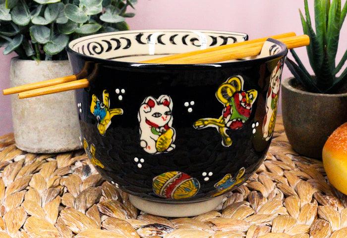 ebros gift Lucky Cat Japanese Maneki Neko Black Porcelain Ramen Bowl With Chopsticks Set