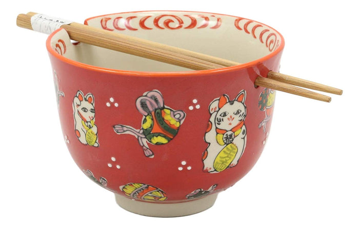 Ebros Gift Lucky Cat Japanese Maneki Neko Red Porcelain Ramen Soup Bowl With Chopsticks Set