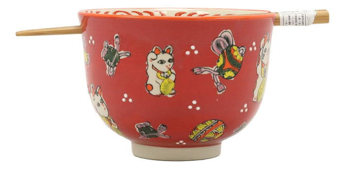 Ebros Gift Lucky Cat Japanese Maneki Neko Red Porcelain Ramen Soup Bowl With Chopsticks Set