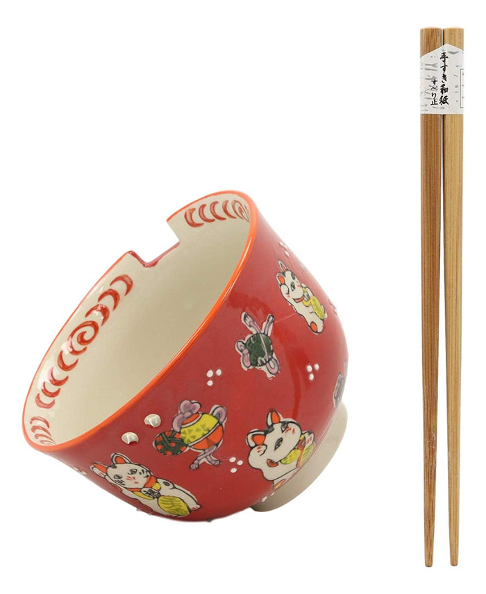 Ebros Gift Lucky Cat Japanese Maneki Neko Red Porcelain Ramen Soup Bowl With Chopsticks Set