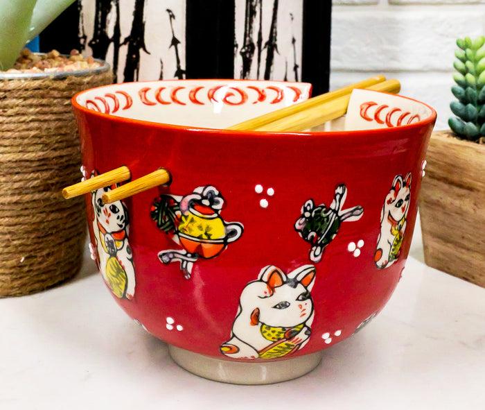 ebros gift Lucky Cat Japanese Maneki Neko Red Porcelain Ramen Soup Bowl With Chopsticks Set