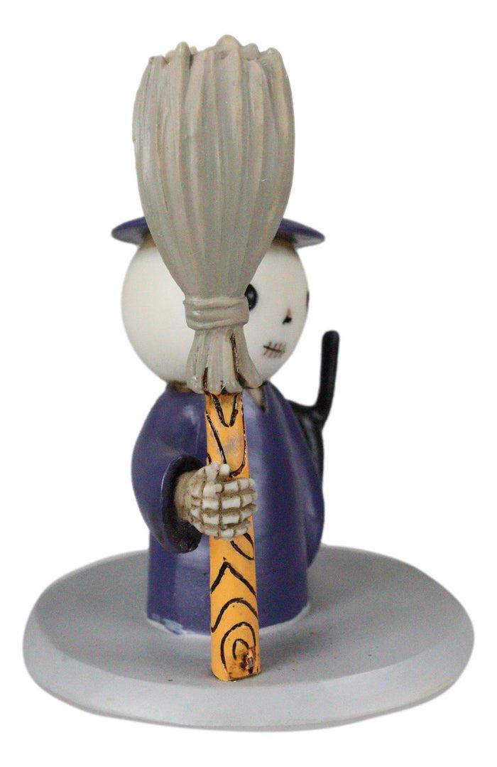 Ebros Gift Lucky Skeleton In Witch Costume And Broomstick Standing By Black Cat Figurine