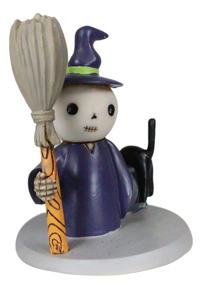 Ebros Gift Lucky Skeleton In Witch Costume And Broomstick Standing By Black Cat Figurine