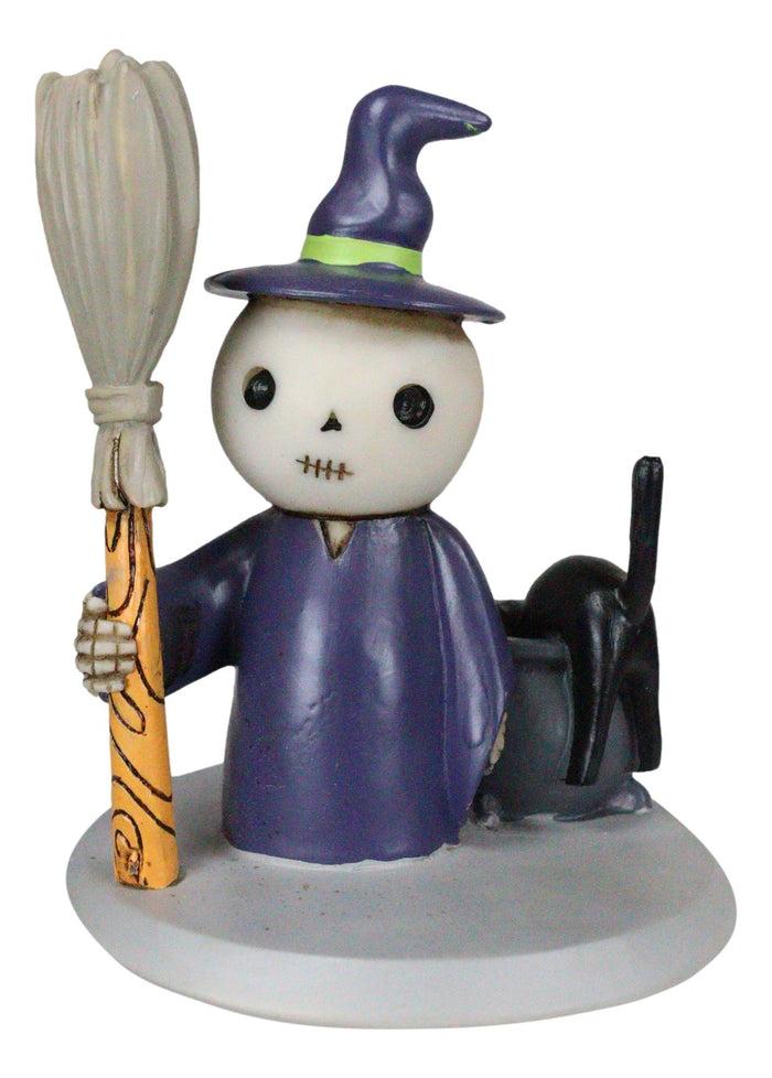 Ebros Gift Lucky Skeleton In Witch Costume And Broomstick Standing By Black Cat Figurine