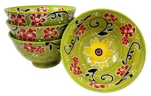 Ebros Gift Luxury Ottoman Style Textured Dining Bowls Set Of 4 Sunflower Green Tapestry