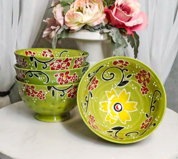 ebros gift Luxury Ottoman Style Textured Dining Bowls Set of 4 Sunflower Green Tapestry