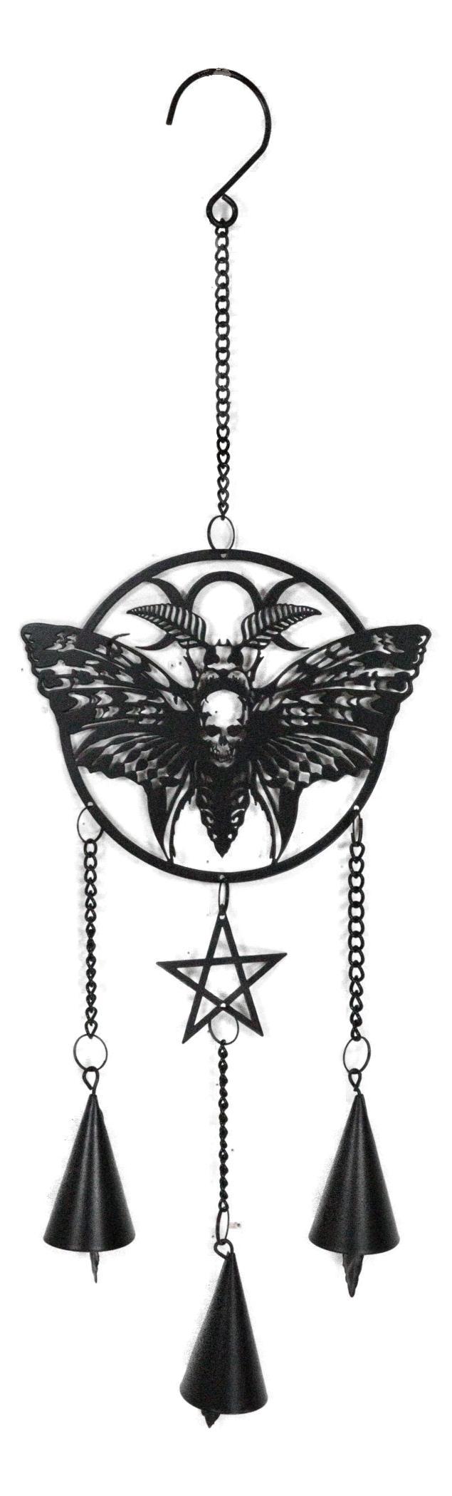 ebros gift Macabre Death's Head Skull Black Moth Pentagram Wall Hanging Decoration Chime