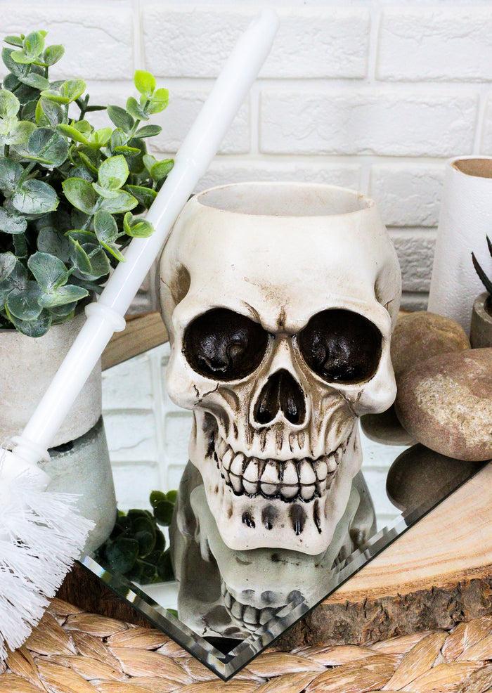 ebros gift Macabre Grinning Skull Cranium Toilet Brush & Base Holder Bathroom 2 Piece Set