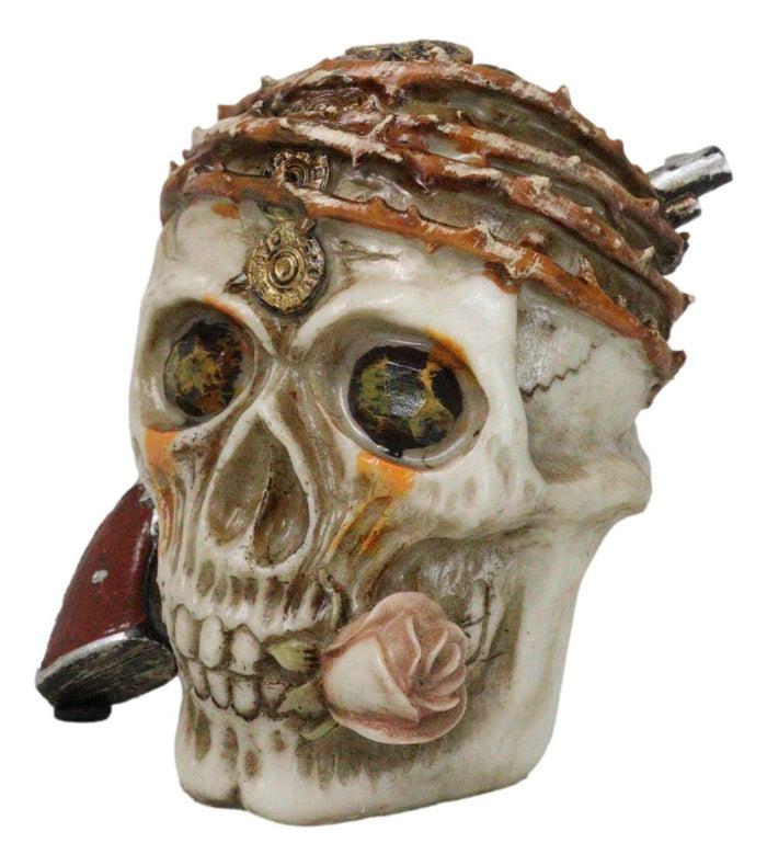 Ebros Gift Macabre Pirate Captain Skull With Thorns Revolver Gun And Pink Rose Figurine