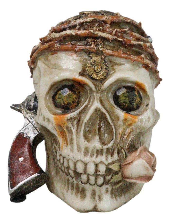 ebros gift Macabre Pirate Captain Skull With Thorns Revolver Gun and Pink Rose Figurine