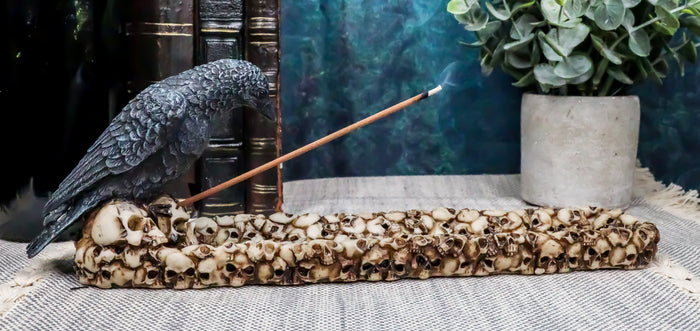 ebros gift Macabre Raven Crow Perching On Heap Of Skull Incense Burner or Holder