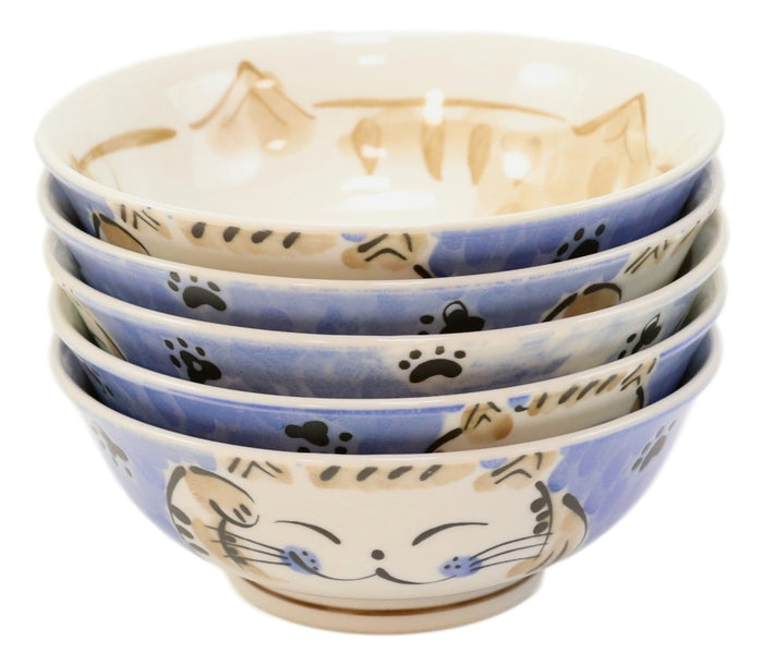 Ebros Gift Made In Japan Blue Lucky Cat Maneki Neko 32oz Soup Pasta Cereal Bowls Set Of 5