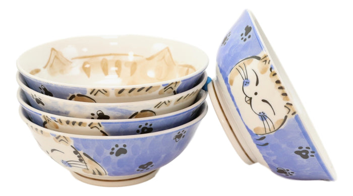 Ebros Gift Made In Japan Blue Lucky Cat Maneki Neko 32oz Soup Pasta Cereal Bowls Set Of 5