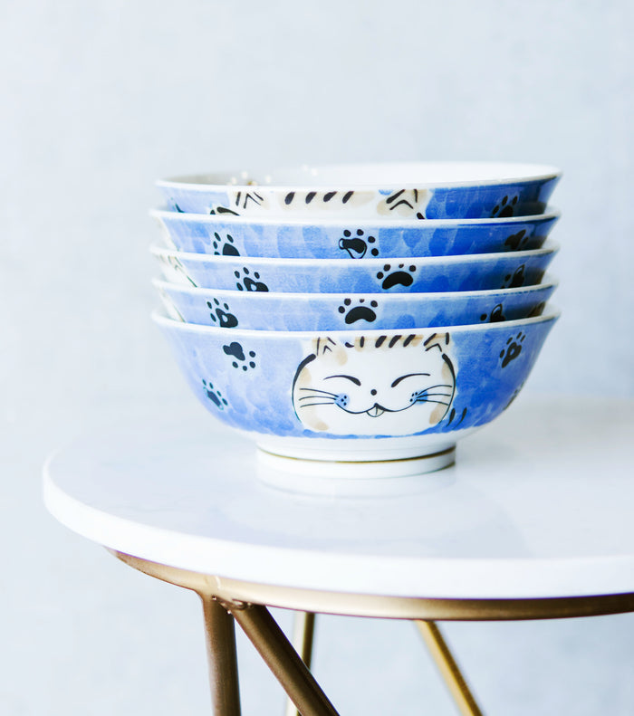 ebros gift Made In Japan Blue Lucky Cat Maneki Neko 32oz Soup Pasta Cereal Bowls Set of 5