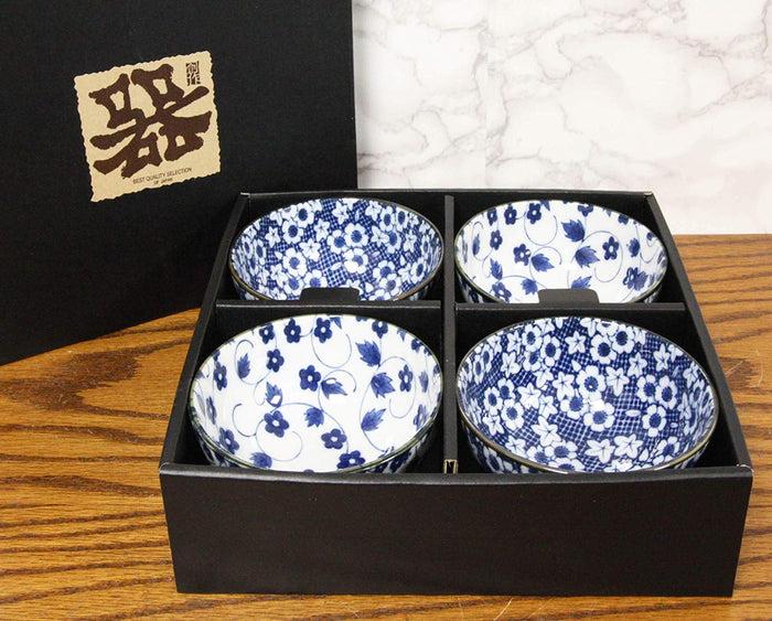 ebros gift Made In Japan Blue White Floral Rice Soup Cereal Porcelain Bowls 12oz Set of 4