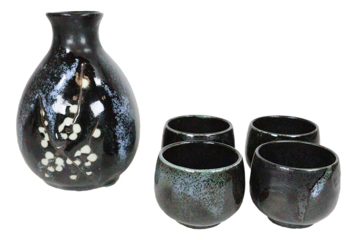 Ebros Gift Made In Japan Ceramic Midnight White Cherry Blossoms Sake Flask With 4 Cups Set
