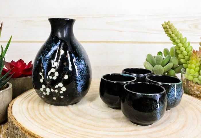 Ebros Gift Made In Japan Ceramic Midnight White Cherry Blossoms Sake Flask With 4 Cups Set