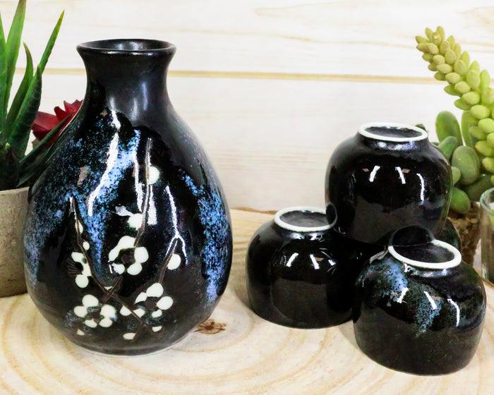 ebros gift Made In Japan Ceramic Midnight White Cherry Blossoms Sake Flask With 4 Cups Set
