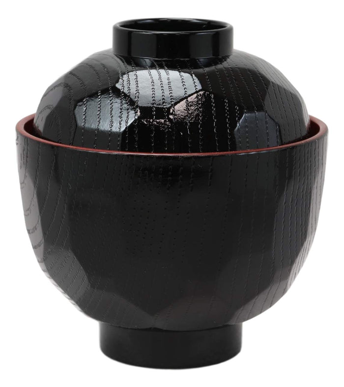 Ebros Gift Made In Japan Honeycomb Ridged Black Red Lacquer Plastic Bowl With Lid Set Of 6