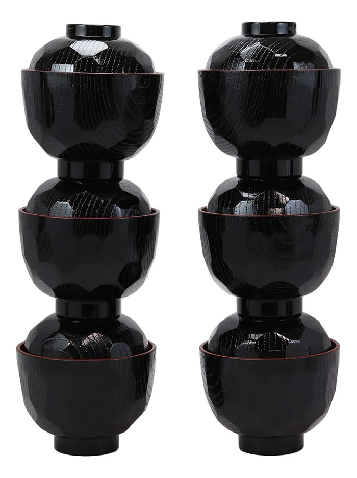 ebros gift Made In Japan Honeycomb Ridged Black Red Lacquer Plastic Bowl With Lid Set of 6
