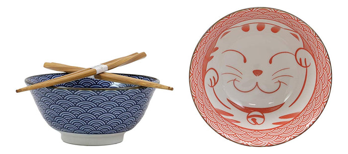Ebros Gift Made In Japan Lucky Cat Maneki Neko Colorful Porcelain Bowls With Chopsticks Set