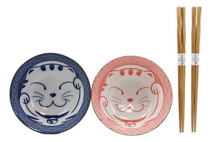 Ebros Gift Made In Japan Lucky Cat Maneki Neko Colorful Porcelain Bowls With Chopsticks Set