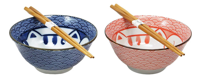 ebros gift Made In Japan Lucky Cat Maneki Neko Colorful Porcelain Bowls With Chopsticks Set