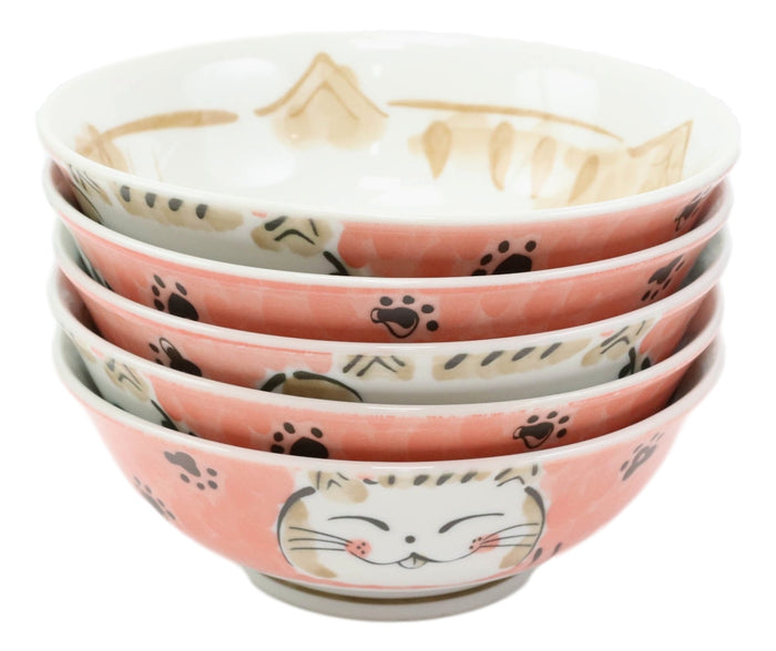 Ebros Gift Made In Japan Pink Lucky Cat Maneki Neko 32oz Soup Pasta Cereal Bowls Set Of 5