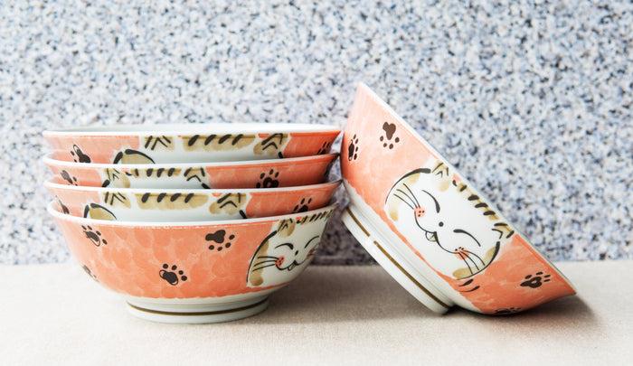 ebros gift Made In Japan Pink Lucky Cat Maneki Neko 32oz Soup Pasta Cereal Bowls Set of 5