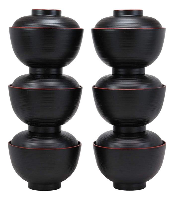 ebros gift Made In Japan Traditional Black Red Lacquer Plastic Bowls With Lid Set Pack of 6