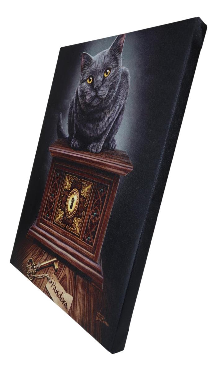 Ebros Gift Magic Key To Pandora's Box Witching Hour Black Cat Wood Framed Canvas Wall Decor