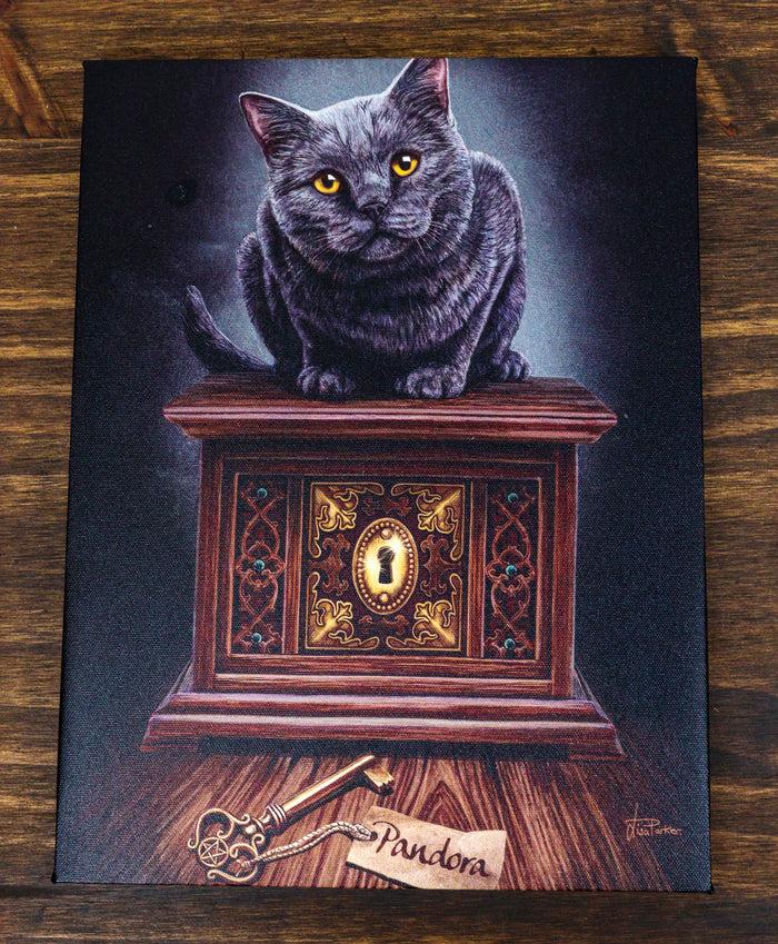 ebros gift Magic Key To Pandora's Box Witching Hour Black Cat Wood Framed Canvas Wall Decor