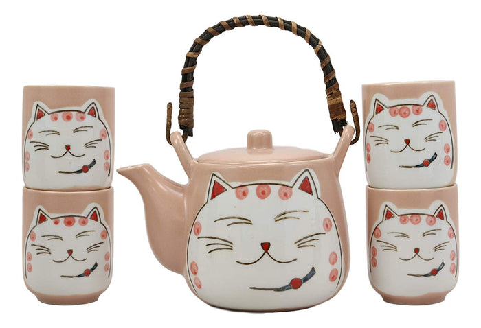 Ebros Gift Maneki Neko Lucky Beckoning Cat Matte Pink 20oz Ceramic Tea Pot And Cups Set
