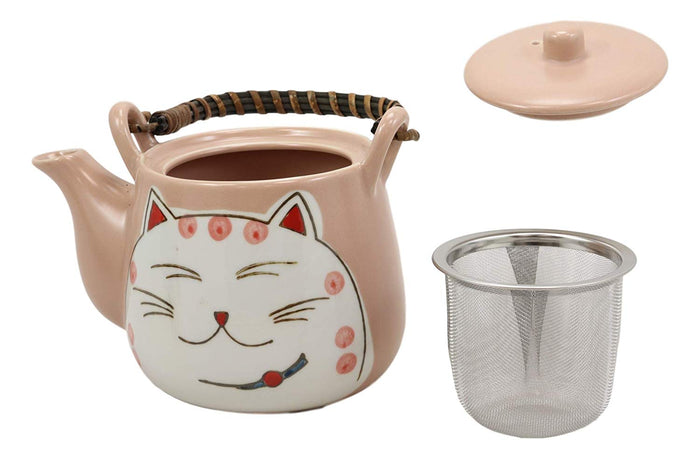 Ebros Gift Maneki Neko Lucky Beckoning Cat Matte Pink 20oz Ceramic Tea Pot And Cups Set