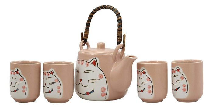 Ebros Gift Maneki Neko Lucky Beckoning Cat Matte Pink 20oz Ceramic Tea Pot And Cups Set