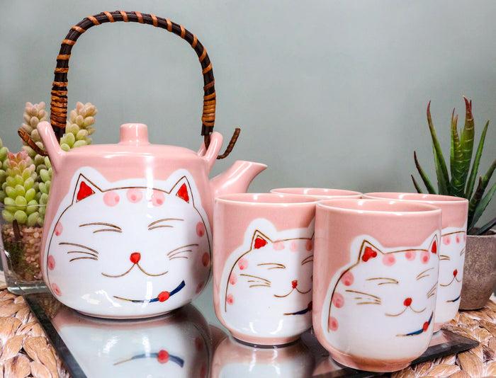 ebros gift Maneki Neko Lucky Beckoning Cat Matte Pink 20oz Ceramic Tea Pot and Cups Set