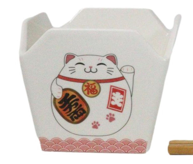 Ebros Gift Maneki Neko Lucky Cat Asian Takeout To Go Box Serving Bowl With Chopsticks Set
