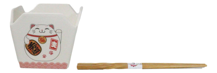 Ebros Gift Maneki Neko Lucky Cat Asian Takeout To Go Box Serving Bowl With Chopsticks Set