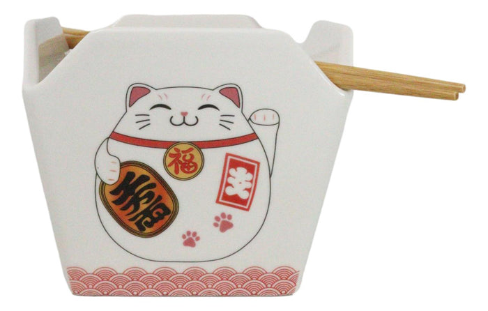 ebros gift Maneki Neko Lucky Cat Asian Takeout To Go Box Serving Bowl With Chopsticks Set