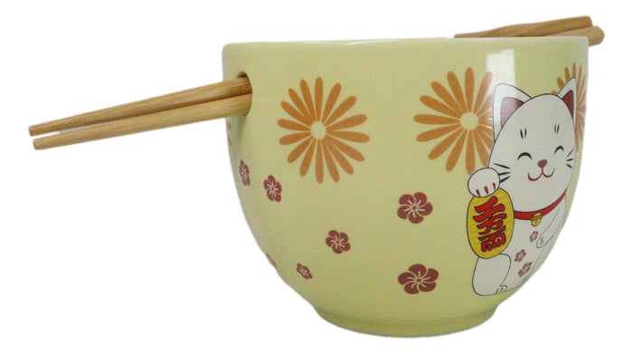 Ebros Gift Maneki Neko Lucky Cat Yellow Ceramic Donburi Ramen Soup Bowl With Chopsticks Set