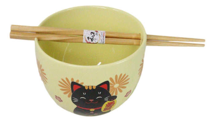 Ebros Gift Maneki Neko Lucky Cat Yellow Ceramic Donburi Ramen Soup Bowl With Chopsticks Set