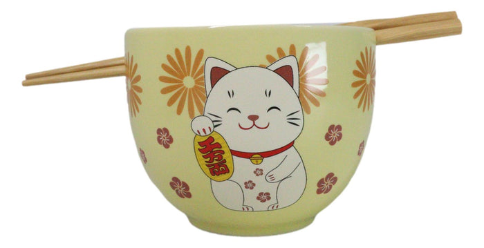 ebros gift Maneki Neko Lucky Cat Yellow Ceramic Donburi Ramen Soup Bowl With Chopsticks Set