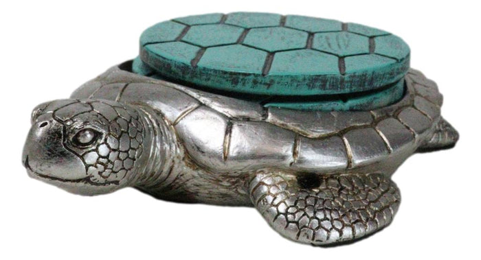 Ebros Gift Marine Faux Antiqued Silver Sea Turtle With Turquoise Shell Round Coaster Set