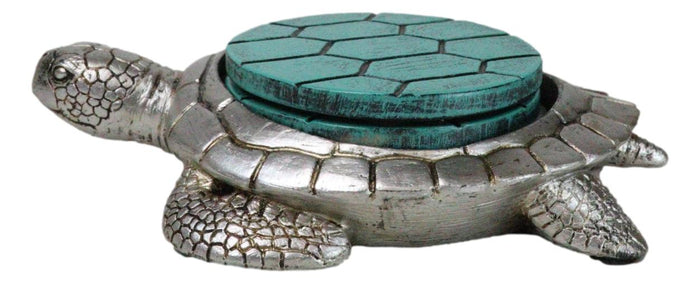 Ebros Gift Marine Faux Antiqued Silver Sea Turtle With Turquoise Shell Round Coaster Set