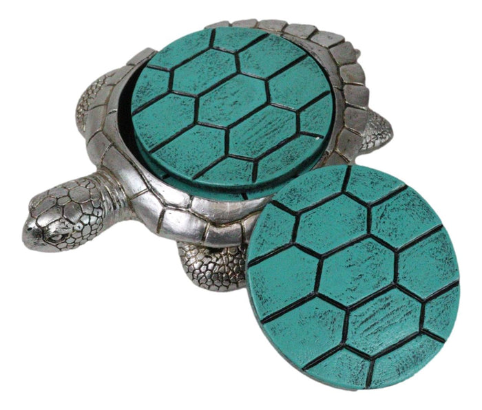 ebros gift Marine Faux Antiqued Silver Sea Turtle With Turquoise Shell Round Coaster Set