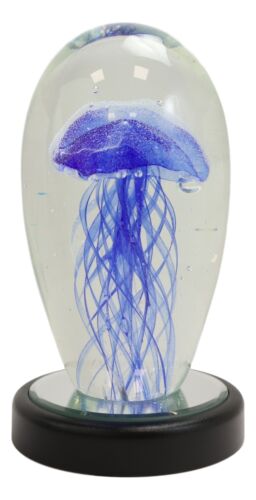 ebros gift Marine Glow In The Dark Blue Jellyfish 6"H Glass Egg With Color LED Base Display